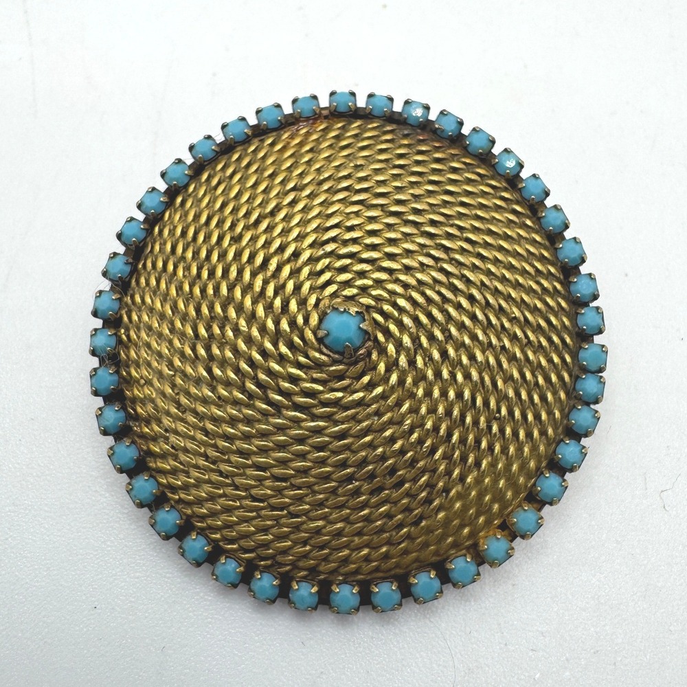 Goldette Vintage Gold Tone Rope Twist Turquoise Cabochon Domed Round Brooch Pin